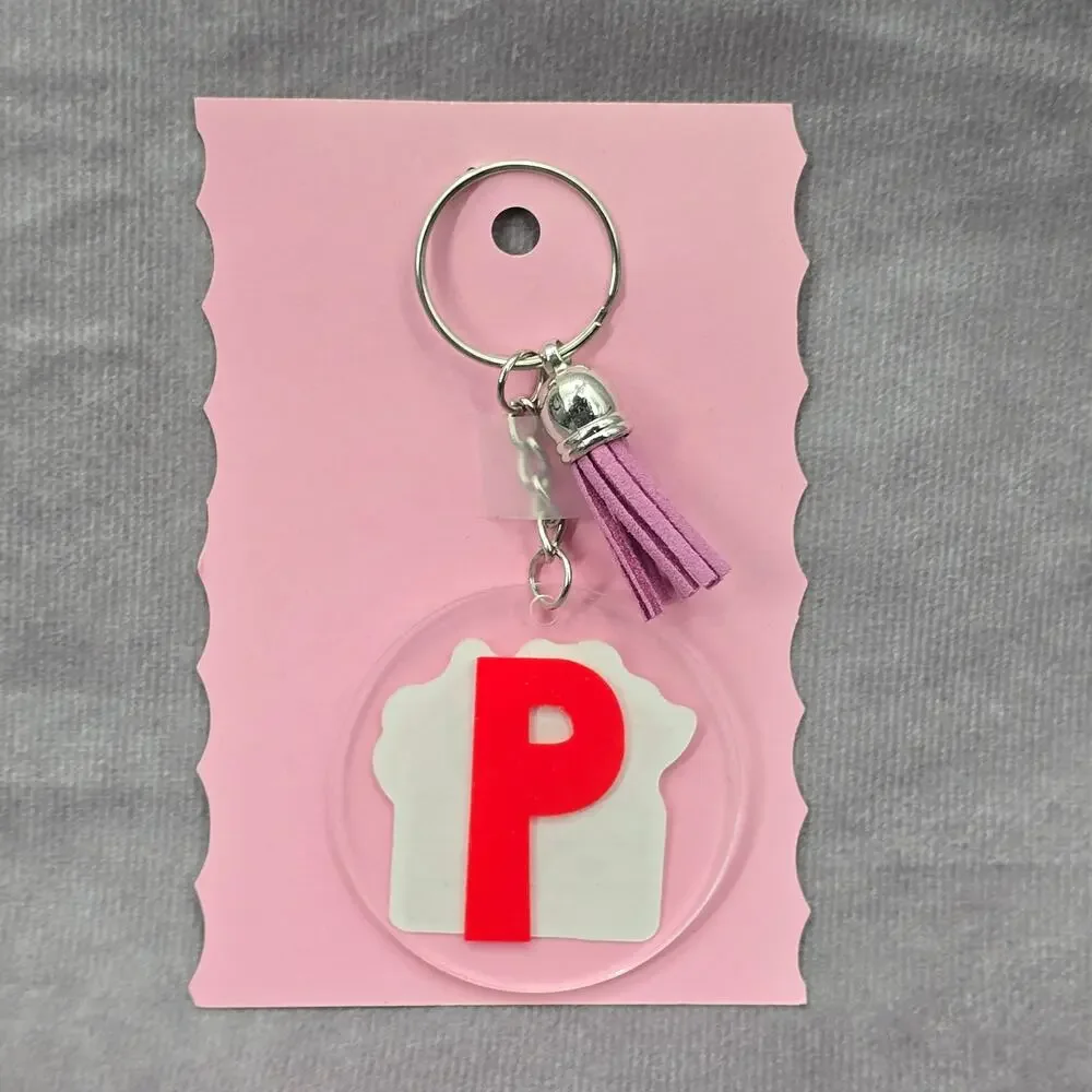 Letter Keychain Clear Silver Circle Handmade‎ Acrylic Tassel Flower P Purple